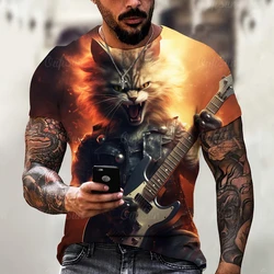 Funny T Shirt For Men Summer Short Sleeve Animal T-Shirts Rock Cat 3d Print Fashion Casual Street Oversized Men's Clothing