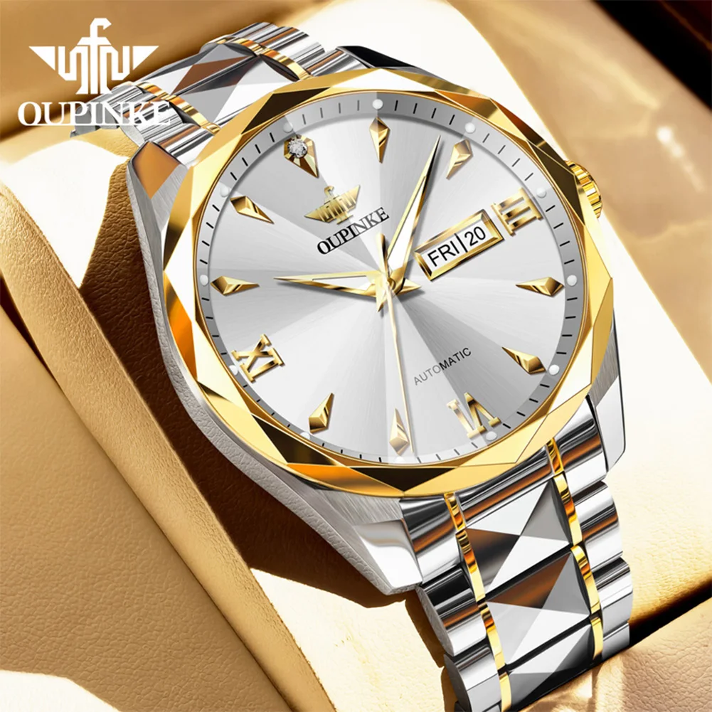 ساعات رجالية OUPINKE 3315 ساعة ميكانيكية أوتوماتيكية أصلية بسيطة للأعمال للرجال مقاومة للماء ومضيئة للتاريخ والأسبوع والياقوت