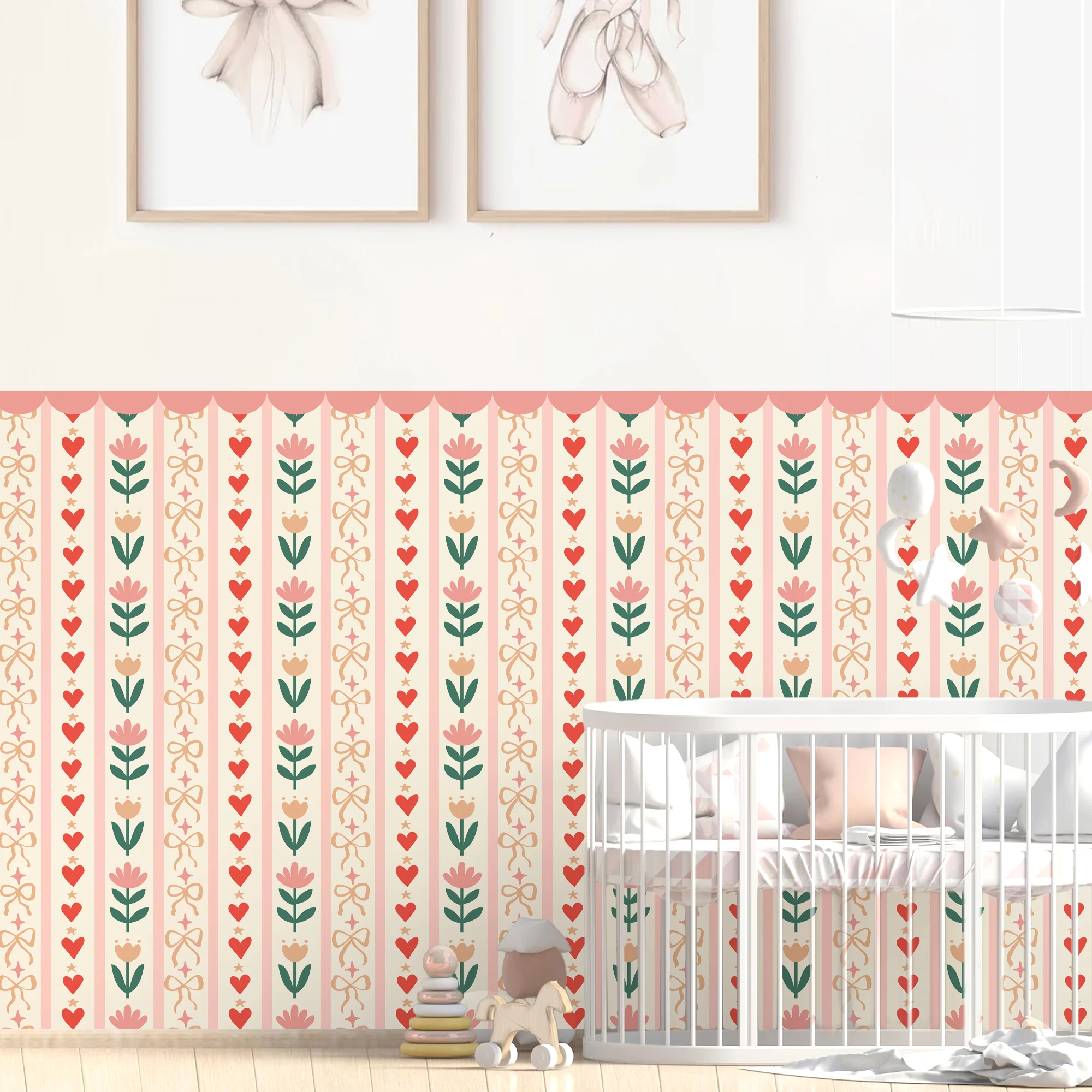 

Floral Bow Heart Wavy Scalloped Wallpaper Nursery Decal Child Room Kids Room Girls Bedroom Waterproof Peel & Stick Living Decor