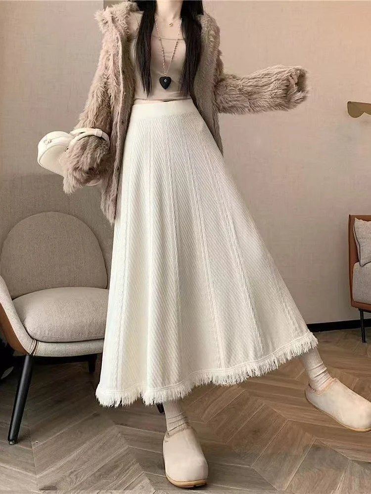 Knitted Tassel Midi Skirts for Women Winter High Waist Thick All Match Long Skirt Y2K Korean Loose Streetwear Solid A Line Skirt