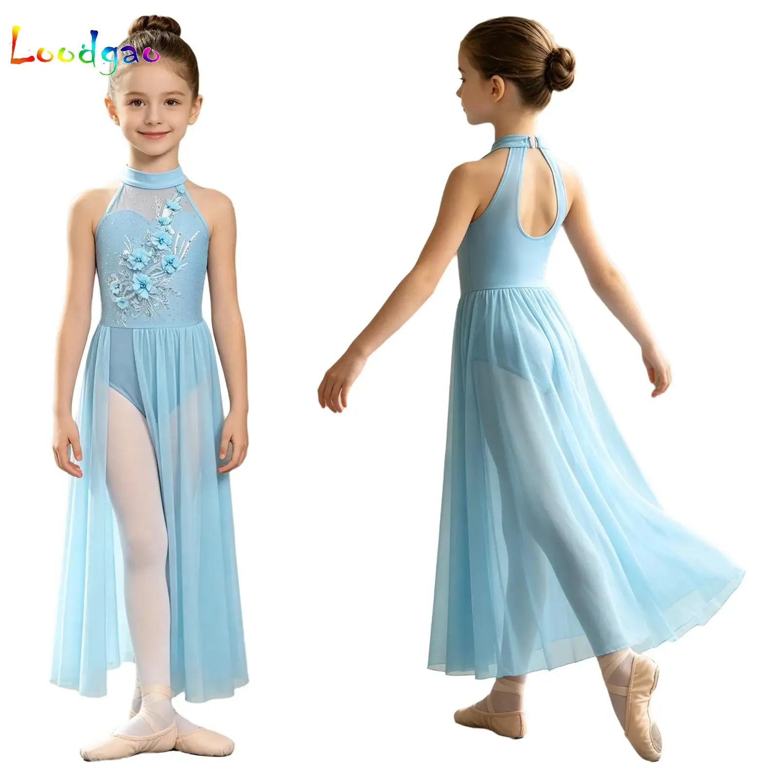 Girls Shiny Sheer Mesh Modern Lyrical Dance Jumpsuit Dress Ballet Gymnastics Figure Skating Bodysuit Maxi Gown Dress Dancewear