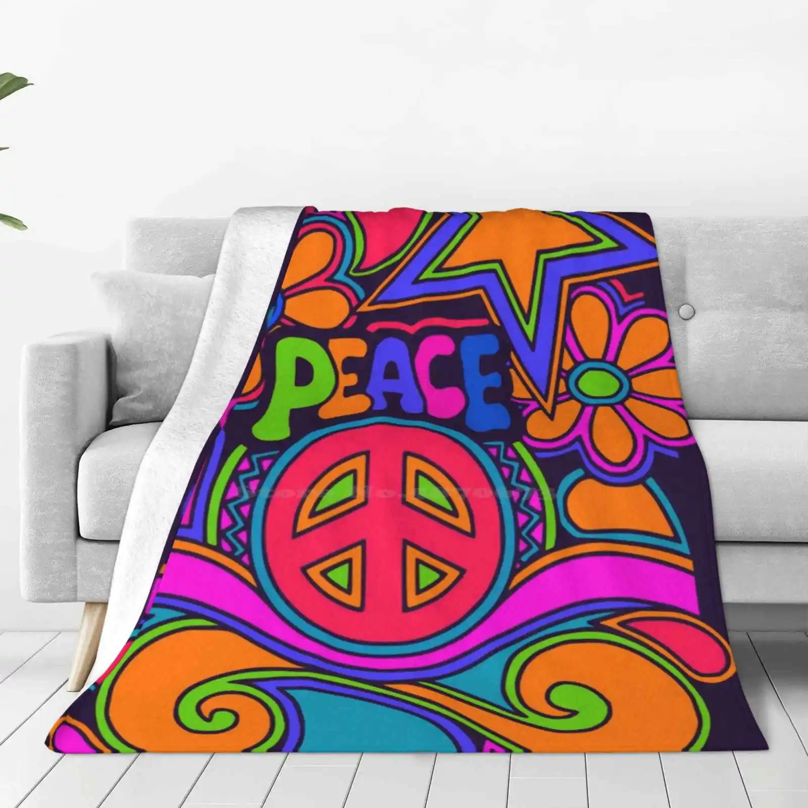 Fun And Funky Flower Power Peace And Love Hippy Art Soft Warm Throw Blanket Hippie Flower Power Retro Colorful Sign Symbol