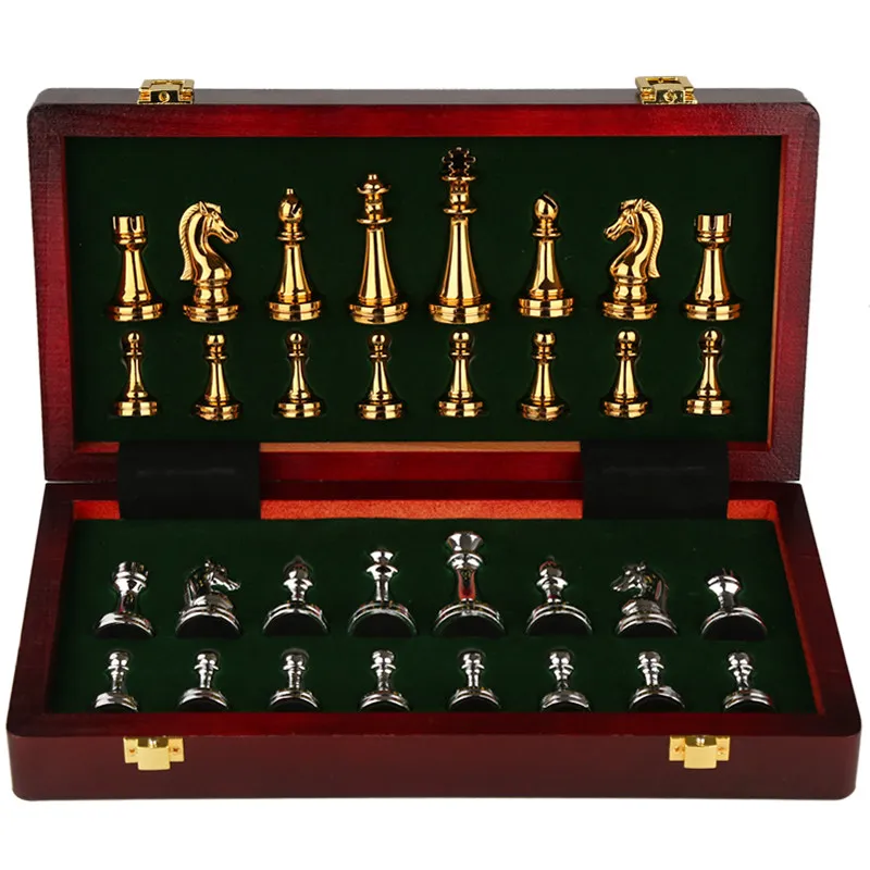 Luxury Metal Chess Pieces Set, Wooden Foldable Chessboard, Retro European Style Ornament & Gift Box Package