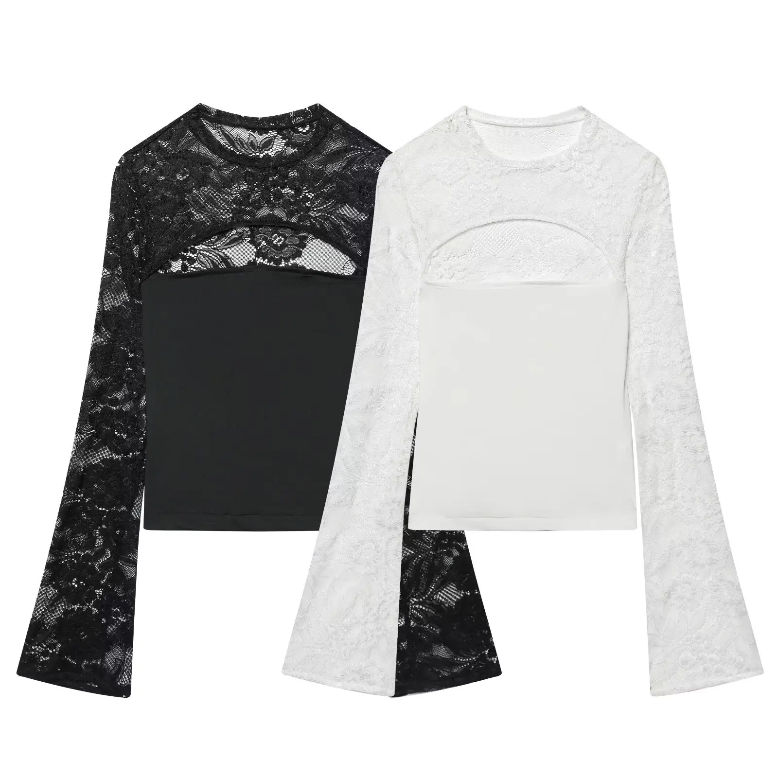 

Sexy Lace Patchwork Tight Waist Top for Women Exposed Hollow Out Slim Tee Shirt Night Club Crop Tops Bodycon New 2026 Brand Hot