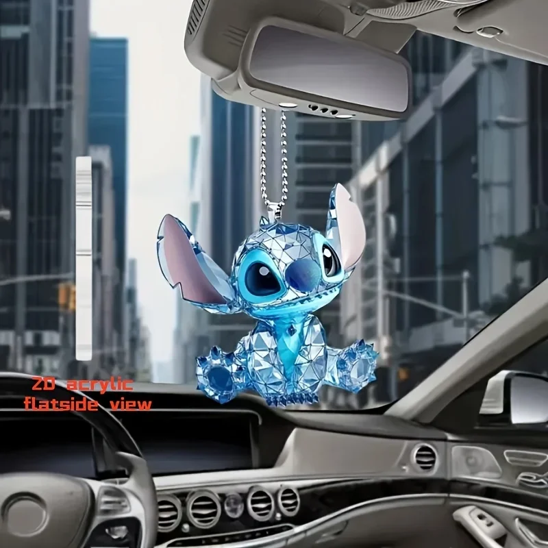 Disney 2D Flat,Stitch anime merchandise ， Acrylic Keychain, pink,blue color ，Car ornaments, decorations, portable men's key view 5