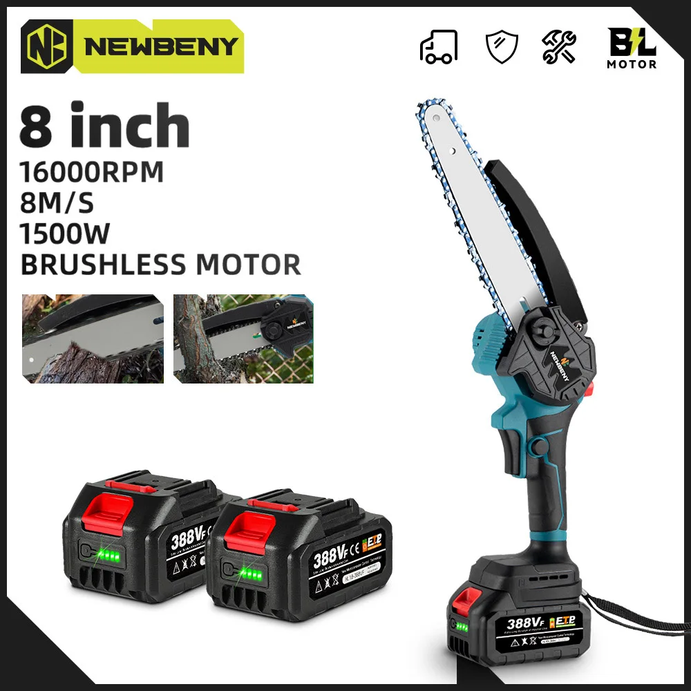 NEWBENY 1500W 8 Inch Brushless Cordless Electric Chain Saw Rechargeable Woodworking Garden Power Tools For Makita 18V Battery