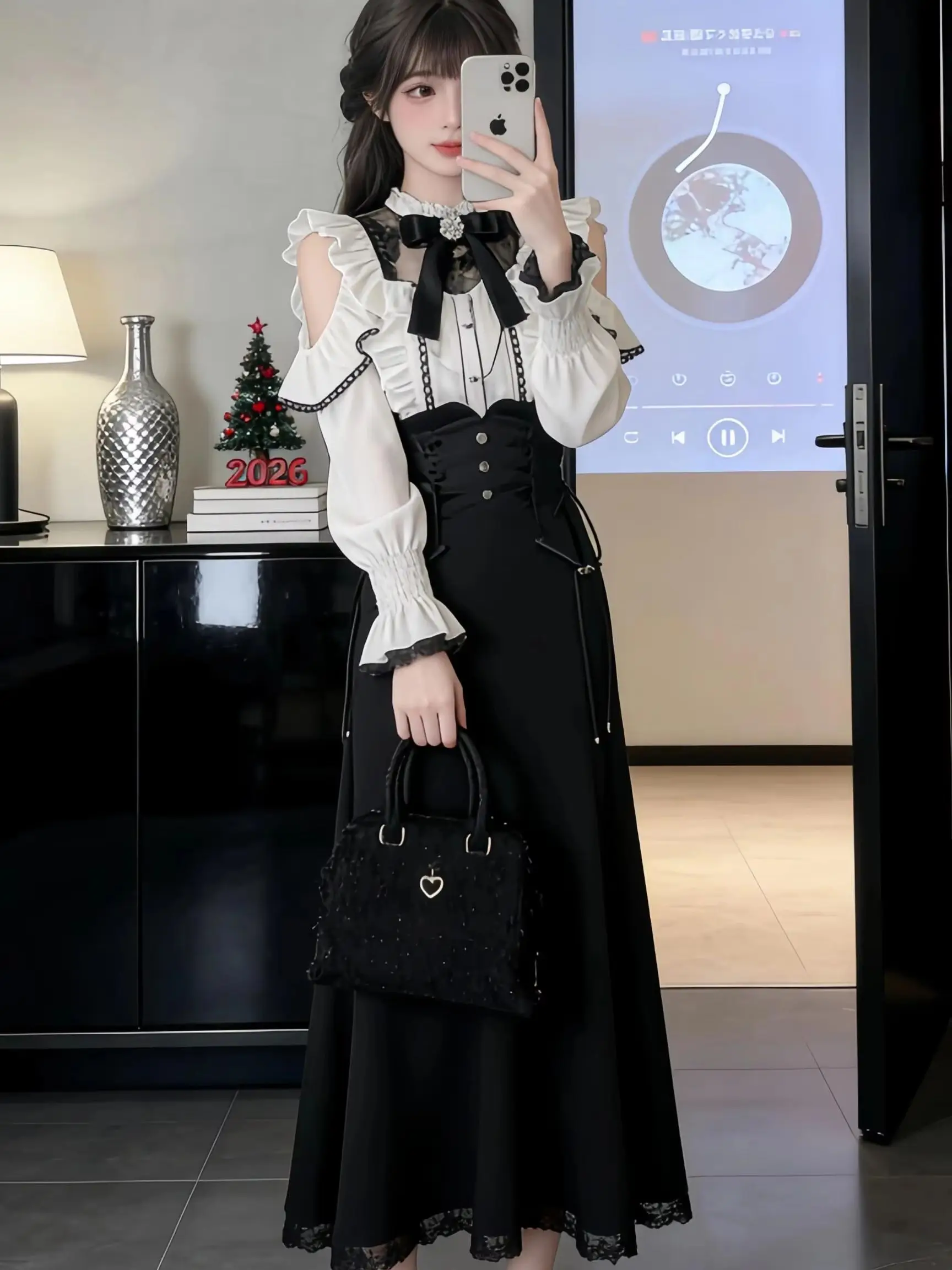 Japanese Sweet Elegant Lolita Long dress Set Pure Style Jirai Kei Mine outfit Bow Blouse Slim-Fit Mermaid skirt Women's 2 piece