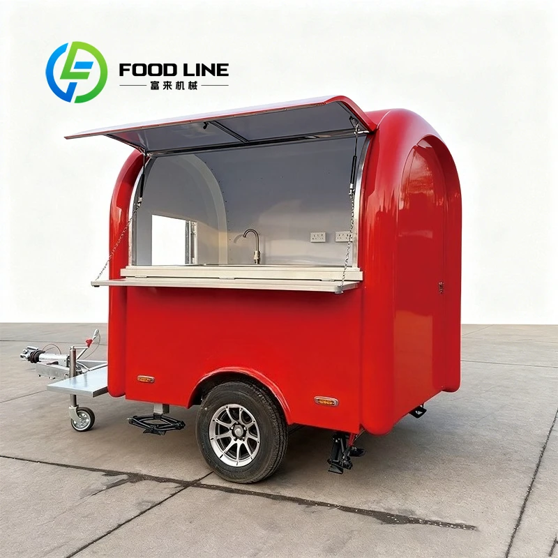 

Red Mobile Food Cart Stainless Steel Workbench Built In Power Rust Resistant Street Snack Vending Trailer Customized