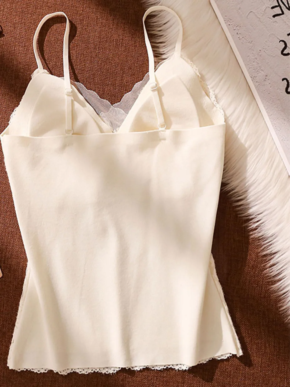 French Style Lace Crop Top Women's Camisole Vest Integrated Bra Pad Slim Fit Base Layer Tube Top Inner Wear Versatile Occasions