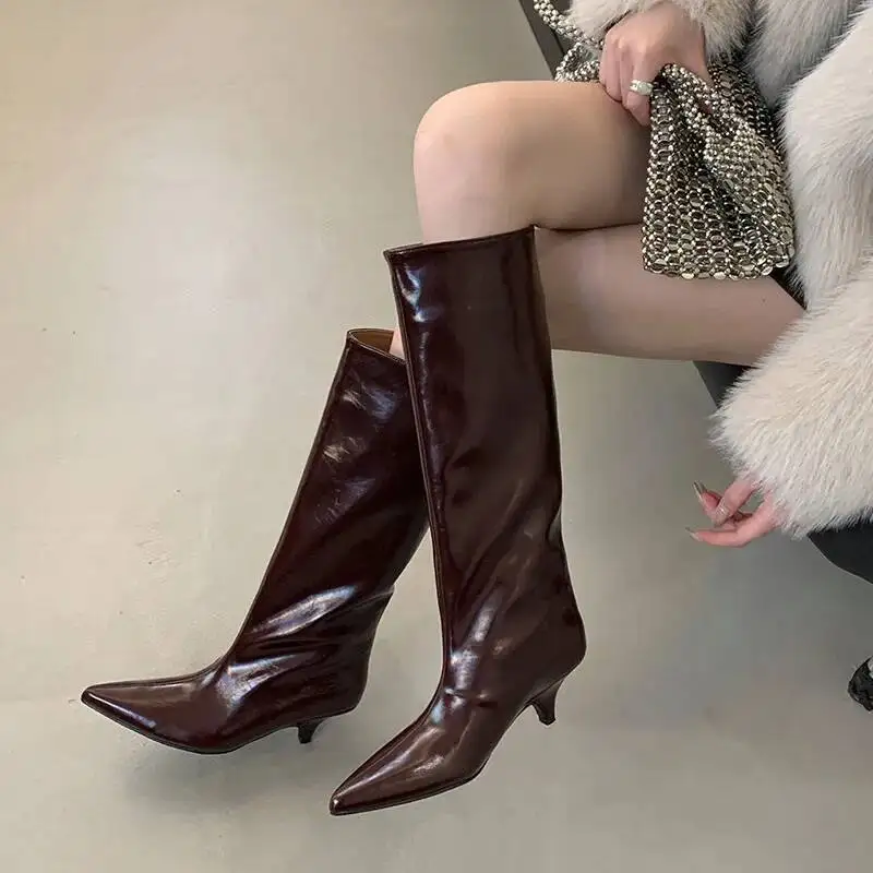 

Женские сапоги на каблуке «котенок» из ангоры, красные байкерские сапоги до колена, черные ковбойские туфли из искусственной кожи с острым носком, черные ковбойские туфли в стиле пастушки, широкая икры