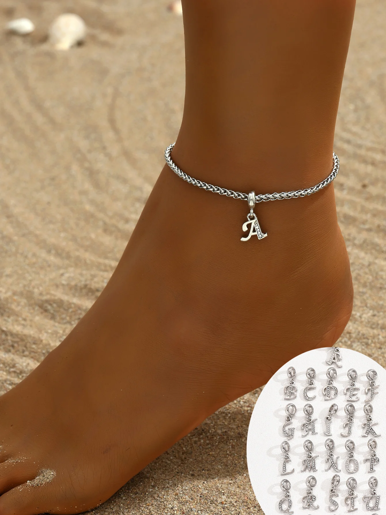 Zirconium inlaid 26 letter pendant stainless steel keel chain fashionable ankle chain （22+5cm)foot accessory