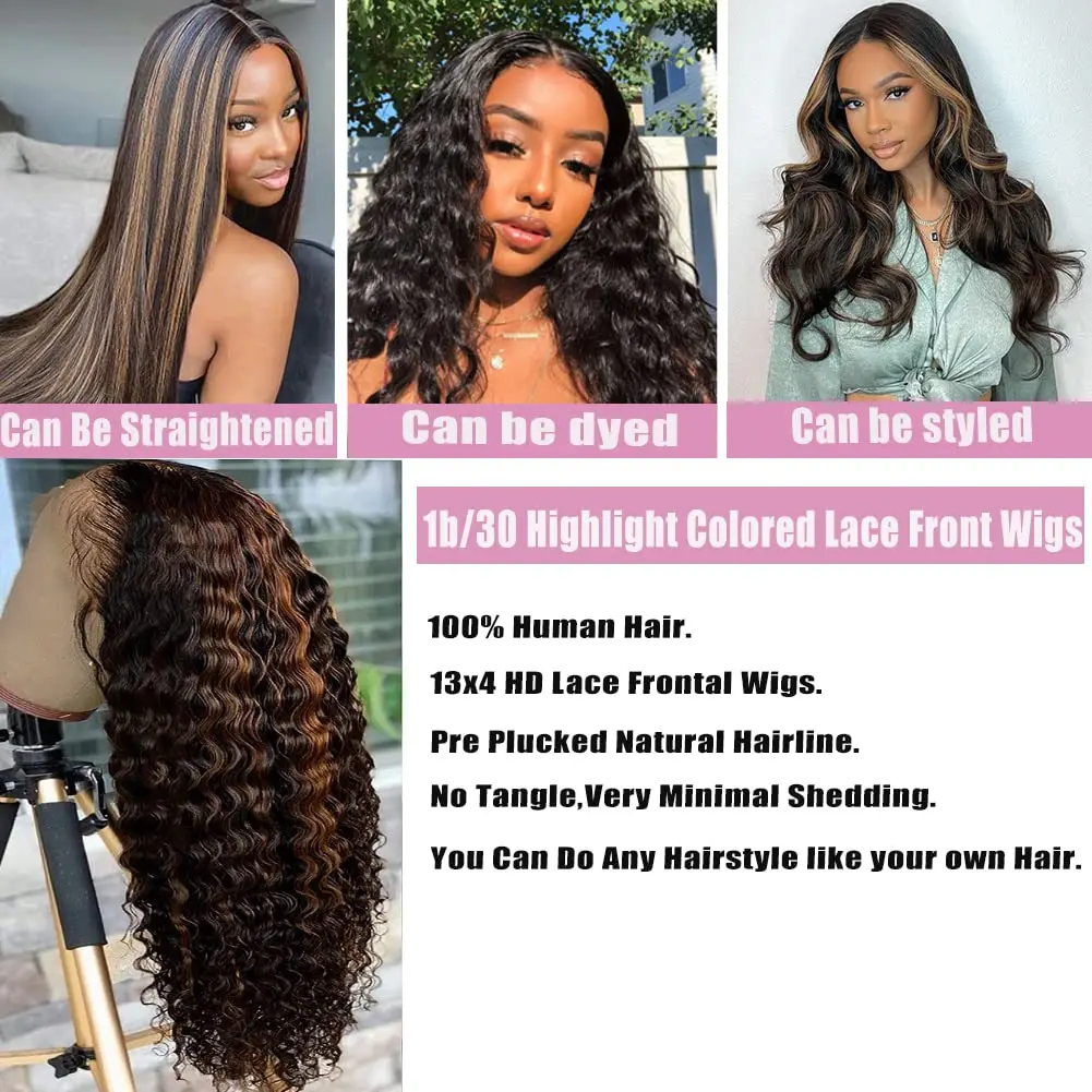 200% Density Curly P1B/30 Lace Frontal Wig Human Hair Deep Wave 13x4 HD Lace Front Wig Human Hair Pre-plucked For Women 40Inch image 5