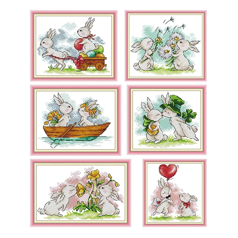 Glückliches Tier Paar Kaninchen Kreuzstich Sitzen Stickgarn 14CT 11CT Weißer Leinwandstoff Handarbeitsset DIY Home Decor Geschenke