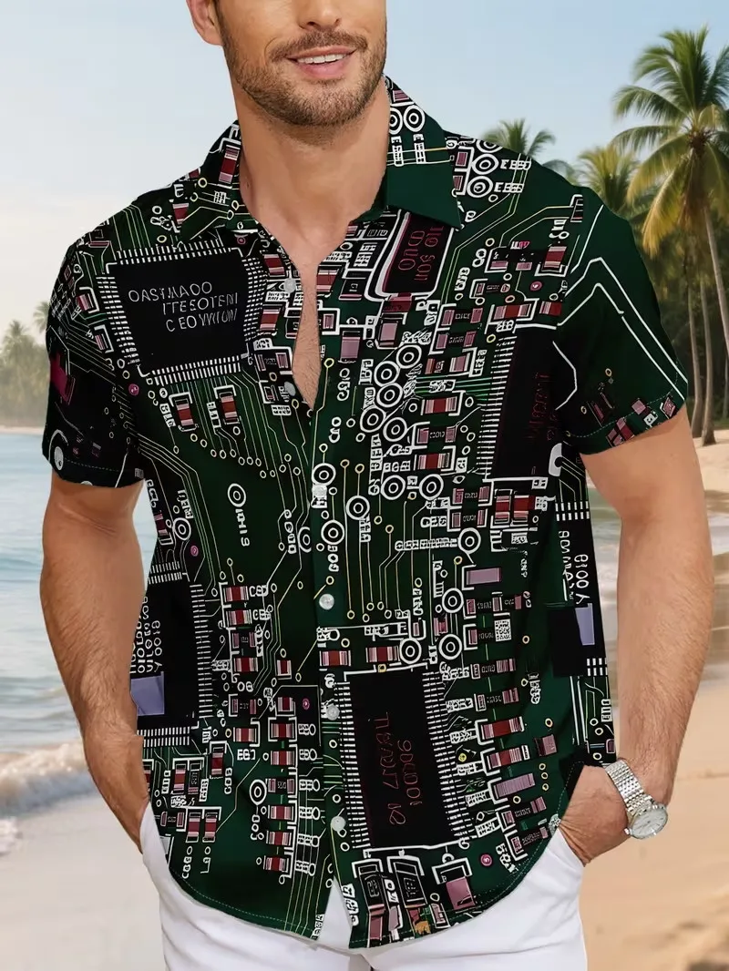 

Men's Circuit Board Print Hawaiian Shirts 3D Tech Style Electronic Pattern Short Sleeve Beach Shirt Summer Vacation Aloha Shirt