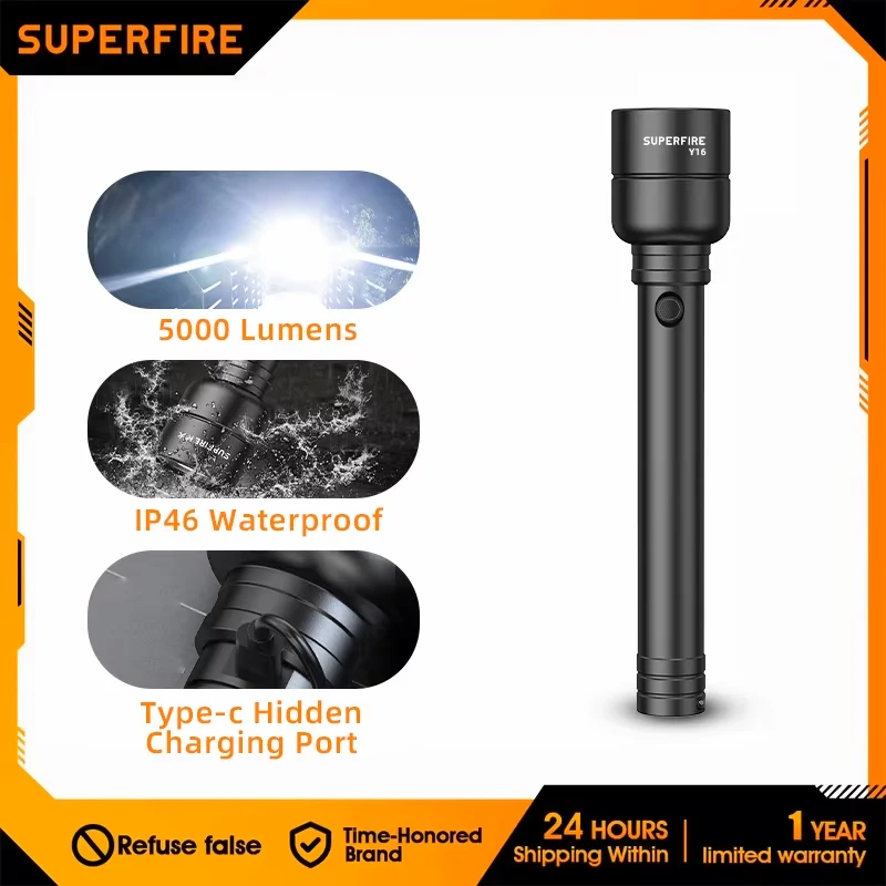 

SUPERFIRE Y16 Rechargeable Torches Tactical Flashlights LED SH-S14 5000LM High Powerful Light Torch 21700 EDC Camp Lighting