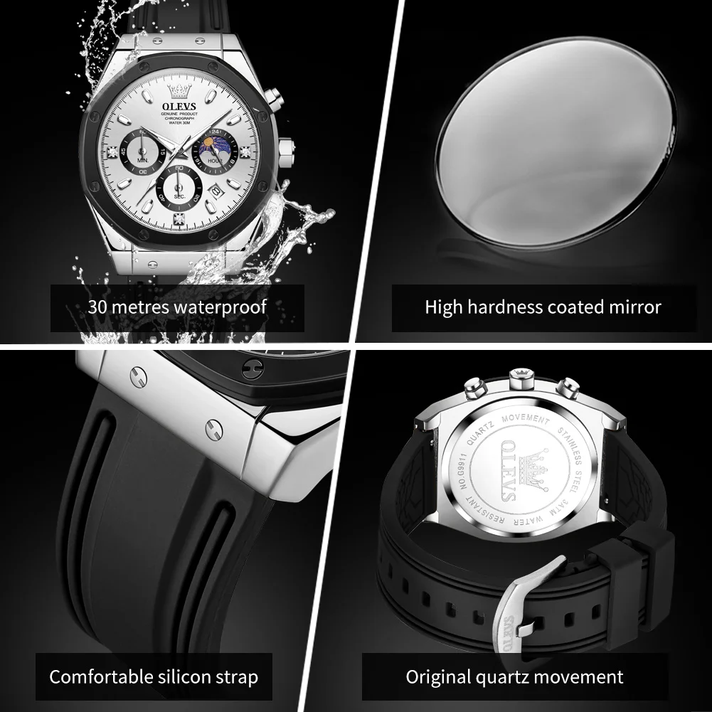  OLEVS 9911 Men\'s Watch Brand Waterproof Luminous Quartz Watch for Men Three Small Dial Sport Wristwatch Chronograph Date Reloj