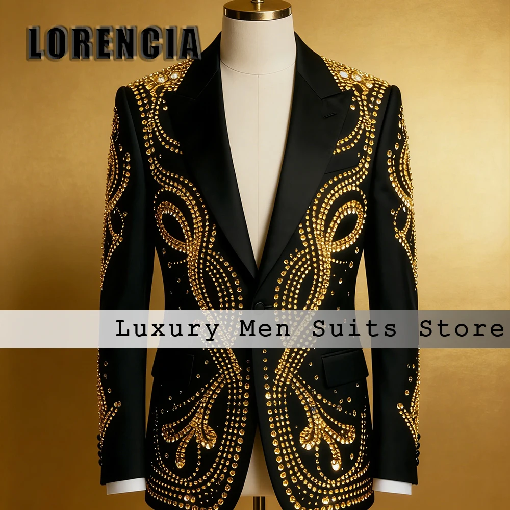 

Stunning Crystals Beaded Men Suits Glitter Diamond Groom Tuxedos 2 Pieces Sets Male Prom Customized Blazers Pants Slim Wedding