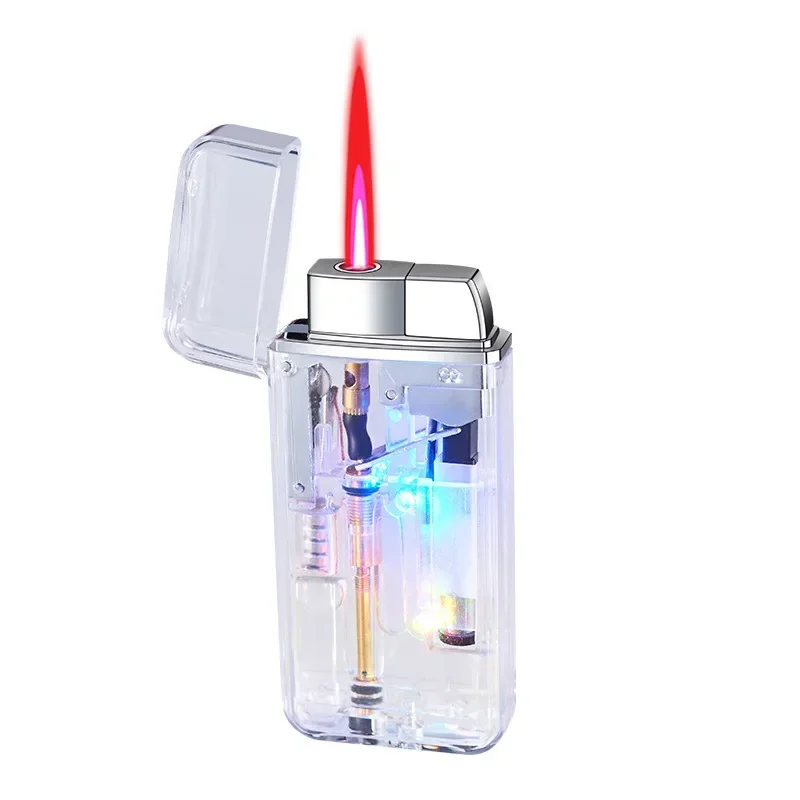 New LED Color Light Transparent Windproof Red Flame Lighter Cartoon Pattern Inflatable Lighter Smoking Accessories Men\'s Gifts