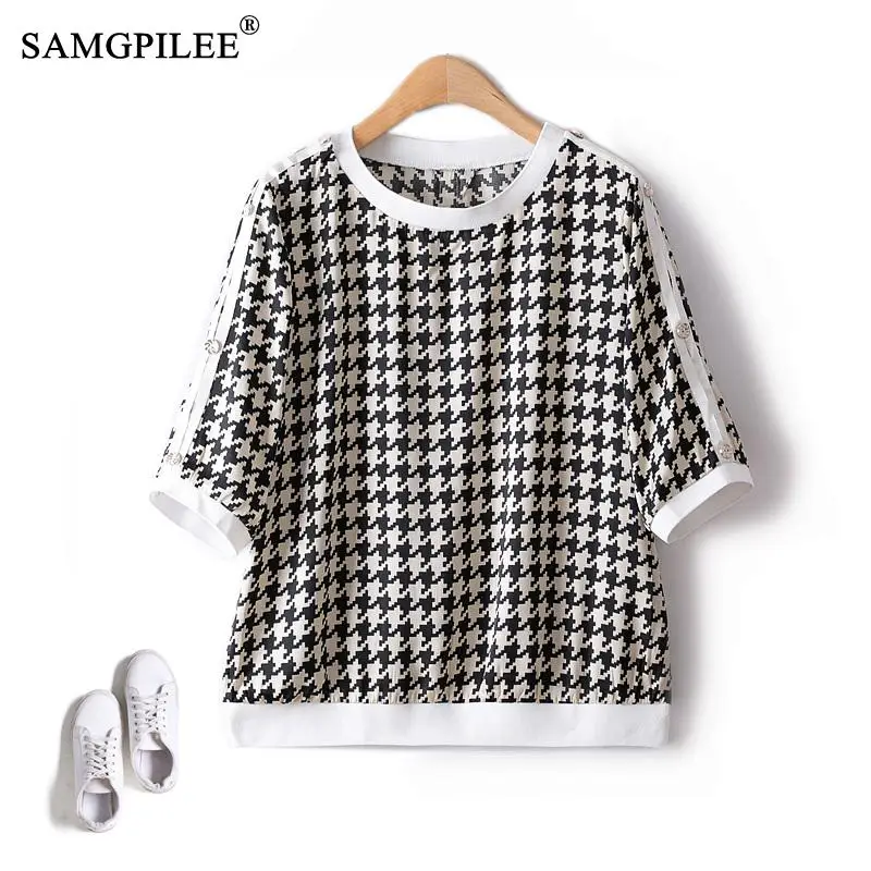 

Classic Oversized T-shirt Women's Summer 2023 New Half Sleeve Chiffon Houndstooth Casual Straight Tops Thin Female Clothing 4XL