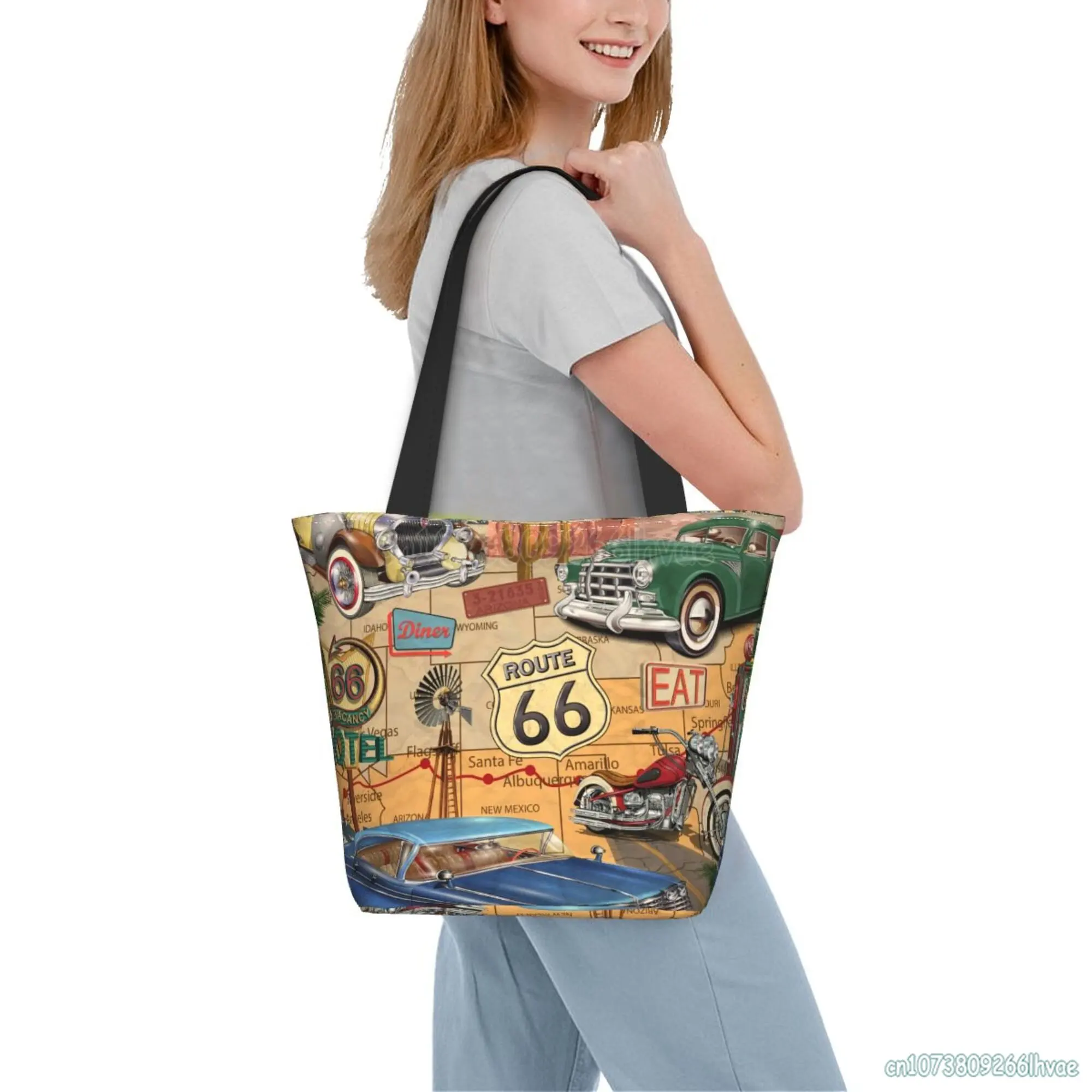 US Route 66 Sign Ladies Hand Bags Casual Shoulder Tote Bag for Women Girls Reusable Shopping Bags Beach Bags Grocery Bag