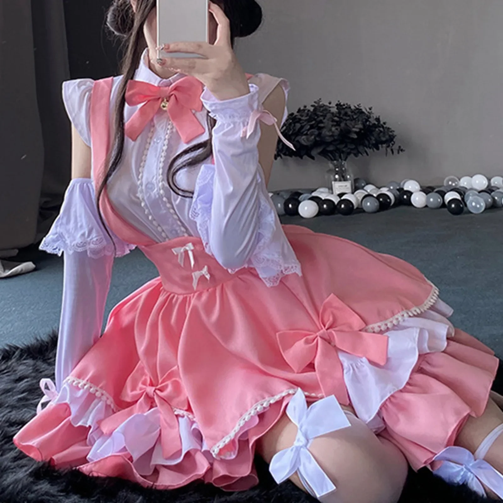 Women's Cute Lolita Dress Casual Costume Dresses Ball Gown Off Shoulder Long Sleeves Vintage Girls Bowknot Anime Kawaii Dresses