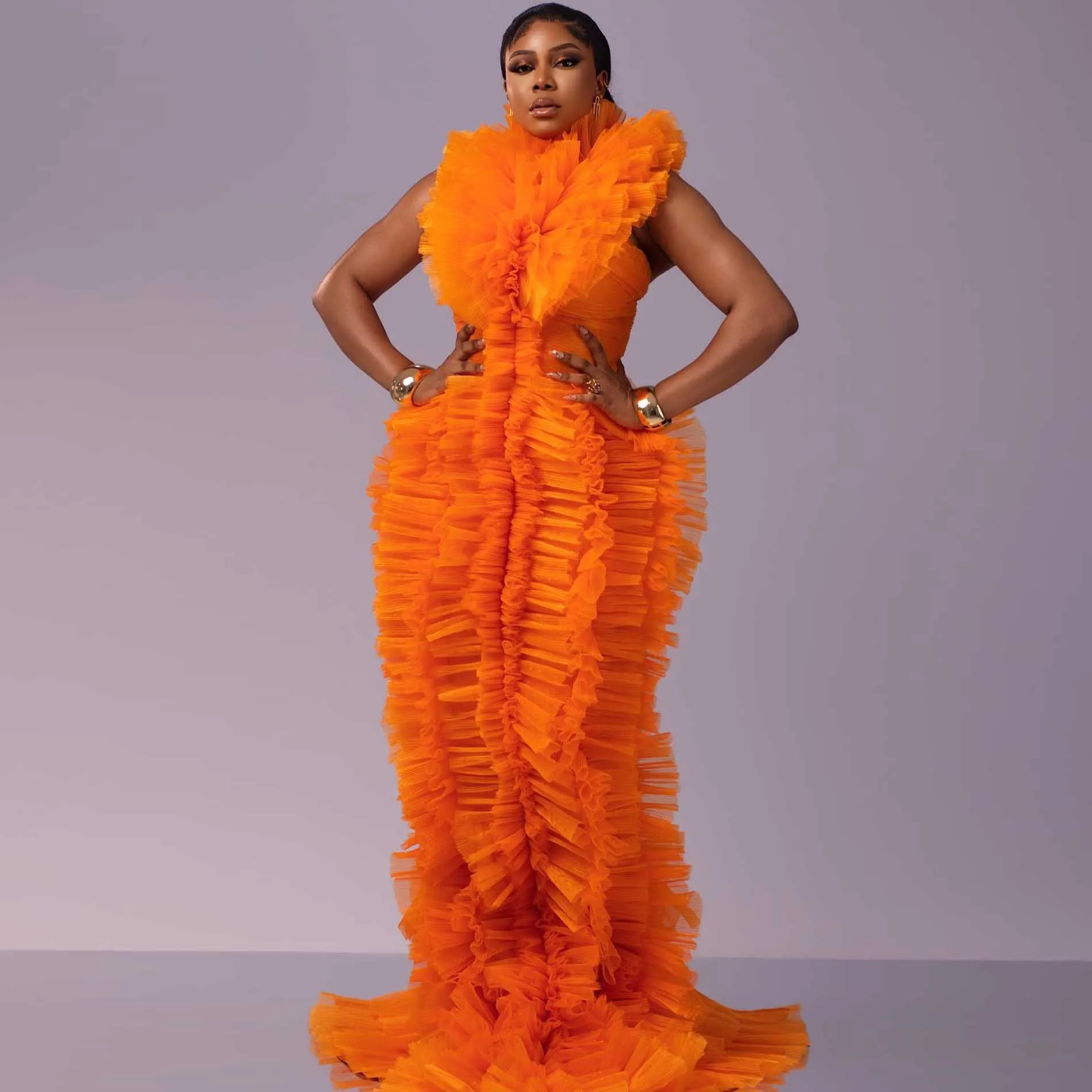 Prachtige Oranje Ruffle Tule Avondjurken 2026 Nieuwe Geplooide Gelaagde Formele Galajurk Feestjurk voor Fotoshoot Rode Loper Jurk