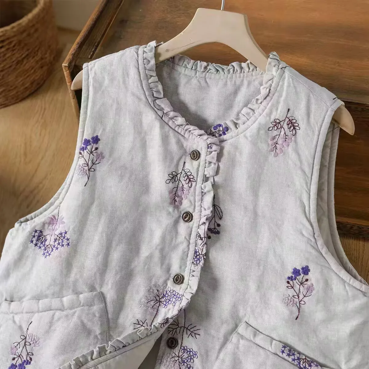 Warmth in Bloom Purple Floral Print Cotton Vest Women's Winter Frock Coat Style Large Size High End Vest Artistic Touches