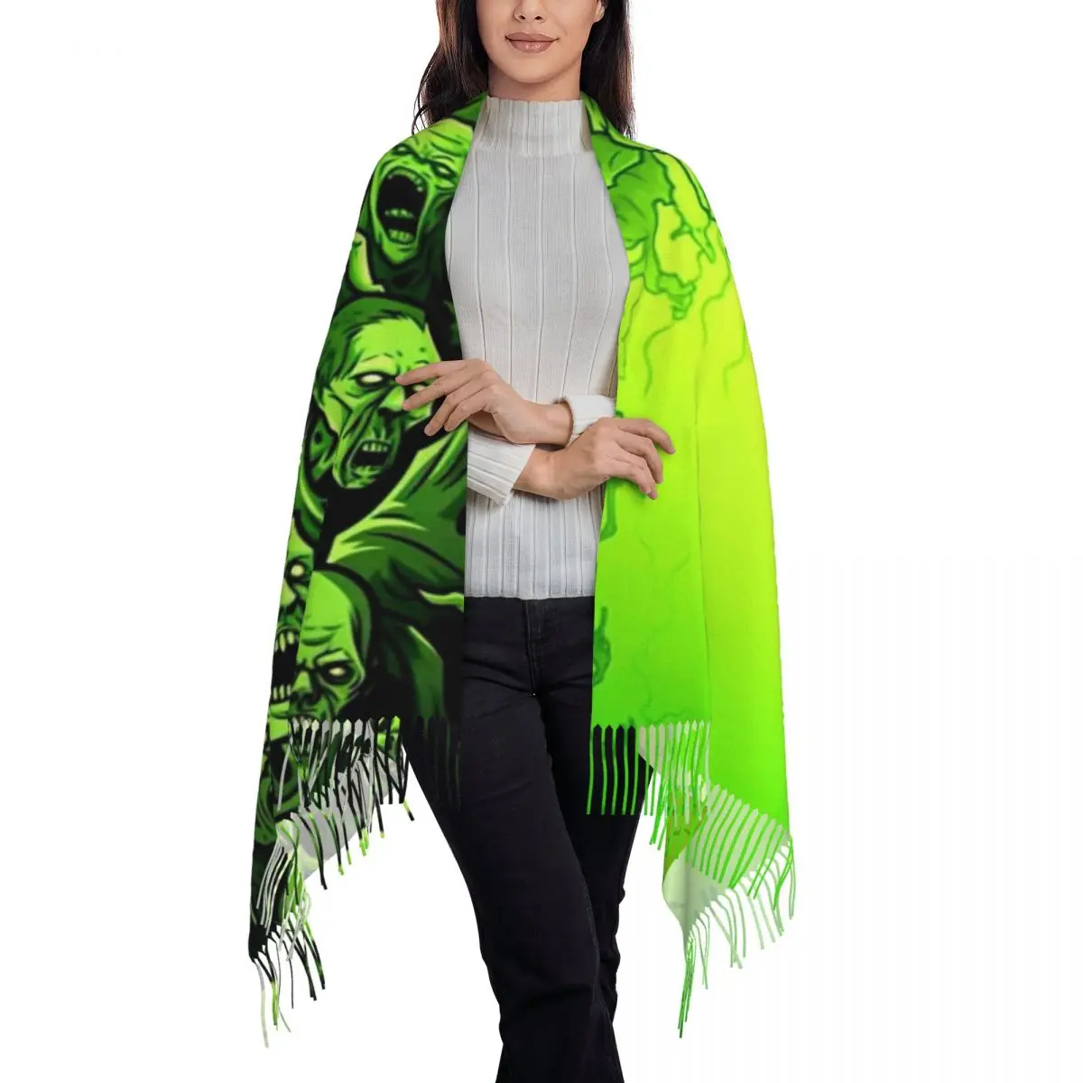 Ghost Skull Print Luminous Horror Night Halloween Scarf Tassel Scarves Women Soft Warm Shawls and Long Fall Winter Shawl Wraps