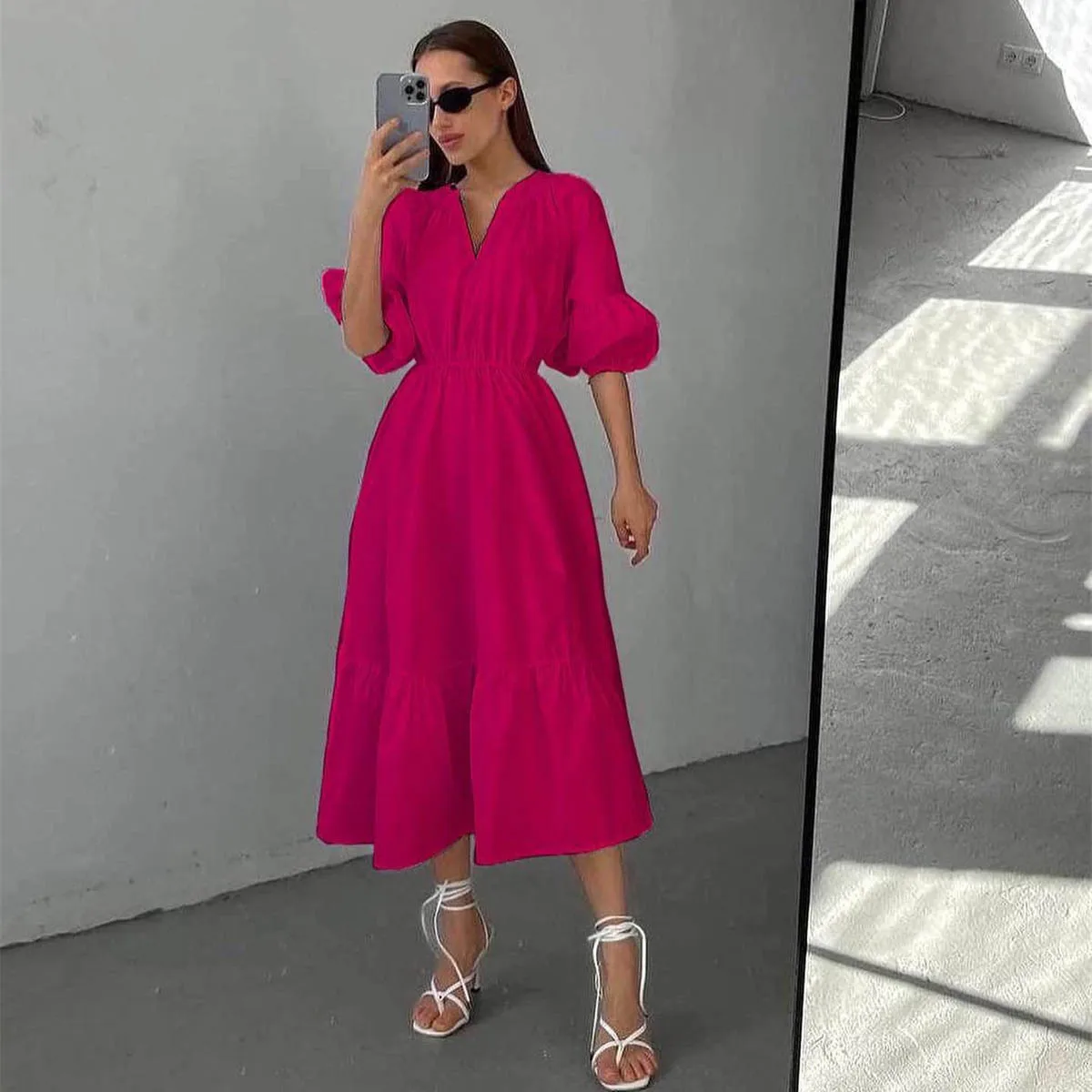 Sexy Vintage Patchwork Empire Waist Maxi Dress Solid Luxury V Neck Lantern Sleeve Ruffle Loose Dress Women Autumn Vacation