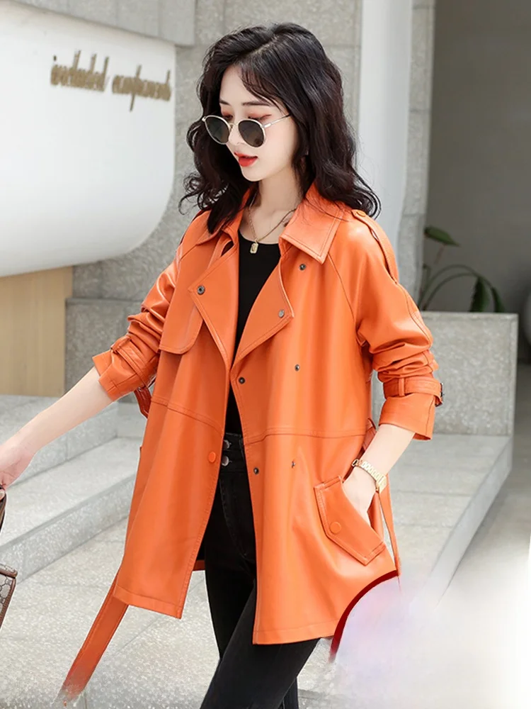 

Ning Genuine Leather Jaet Women's Mid-Length 2025 New Autumn Winter Korean Version Loose Motorcycle Leather Windbreak...