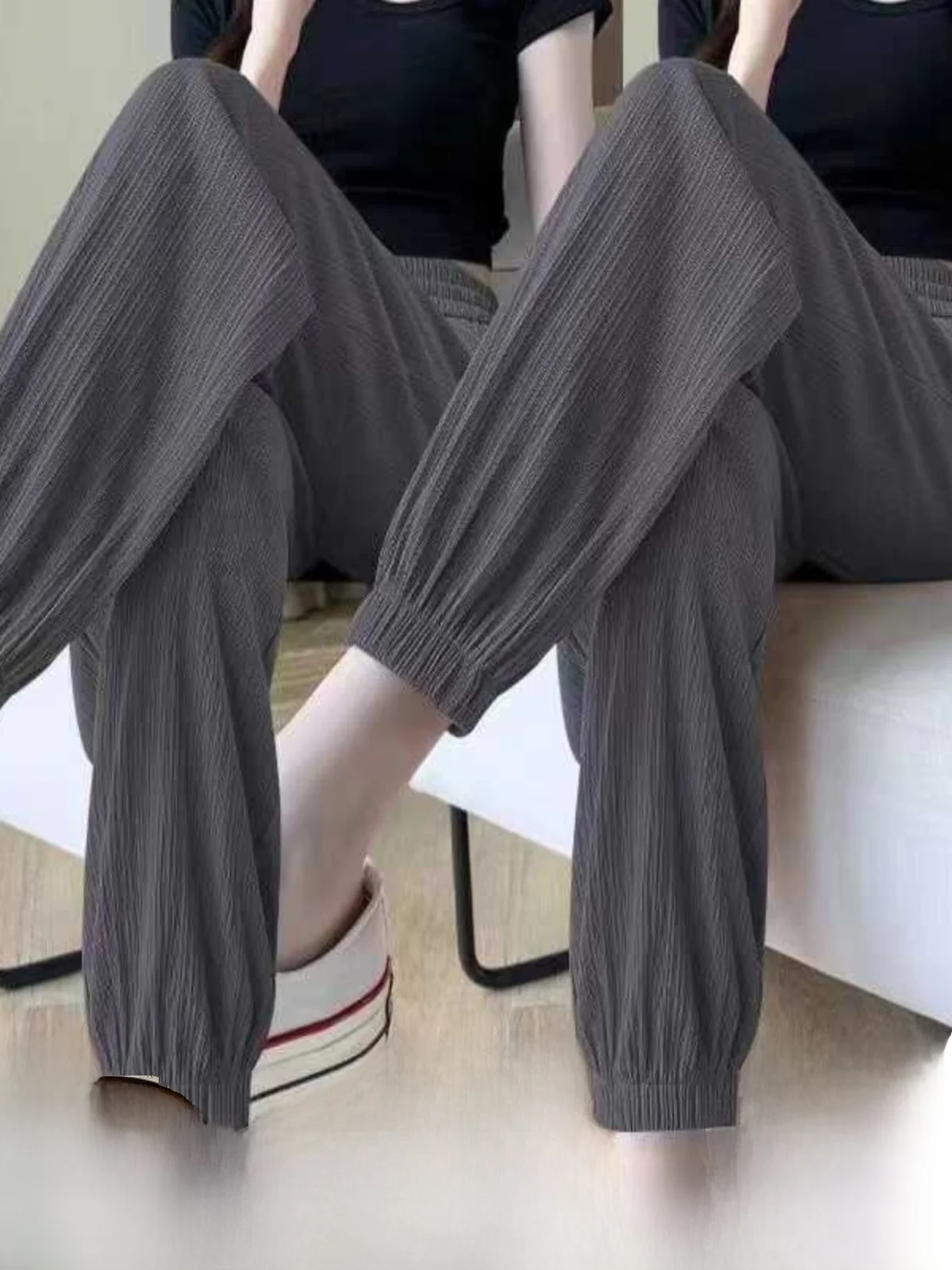 Ice Silk Loose Cuffed Summer Thin Casual Sweatpants Women's High Waist Long Pants Draping Slimming Large Size Wide Leg Lanter...