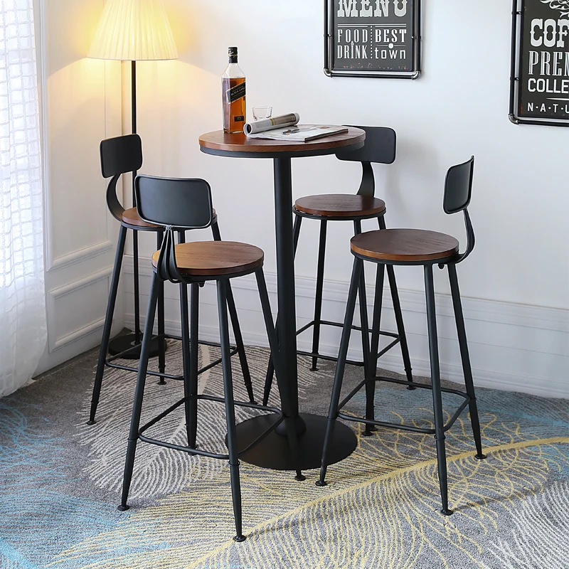 

American Style Iron Bar Chair Coffee Shop Milk Tea Shop High Chairs Retro Backrest Seat Solid Wood Sitting Face Counter Stools