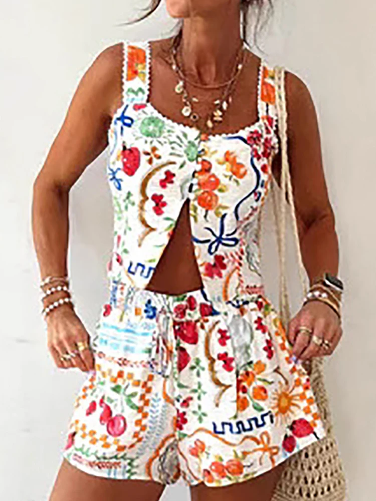 

Богемные шорты на шнуровке, пляжный костюм, модный летний комплект из двух предметов с открытой спиной и подтяжками для отпуска, топ, женская одежда