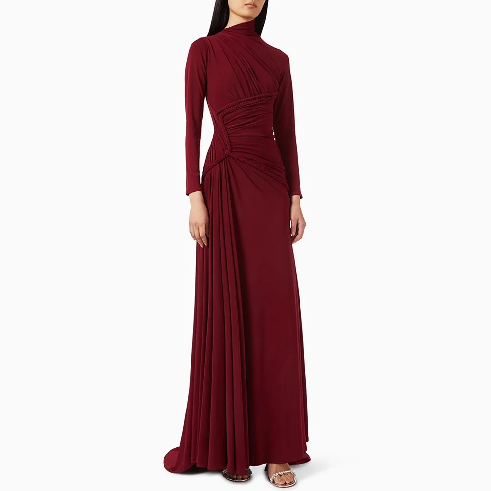 

Modest Arabian Evening Dress Customized High Neck Long Sleeves Pleat Ruched Sweep Train Saudi Arabic Prom Gown for Woman
