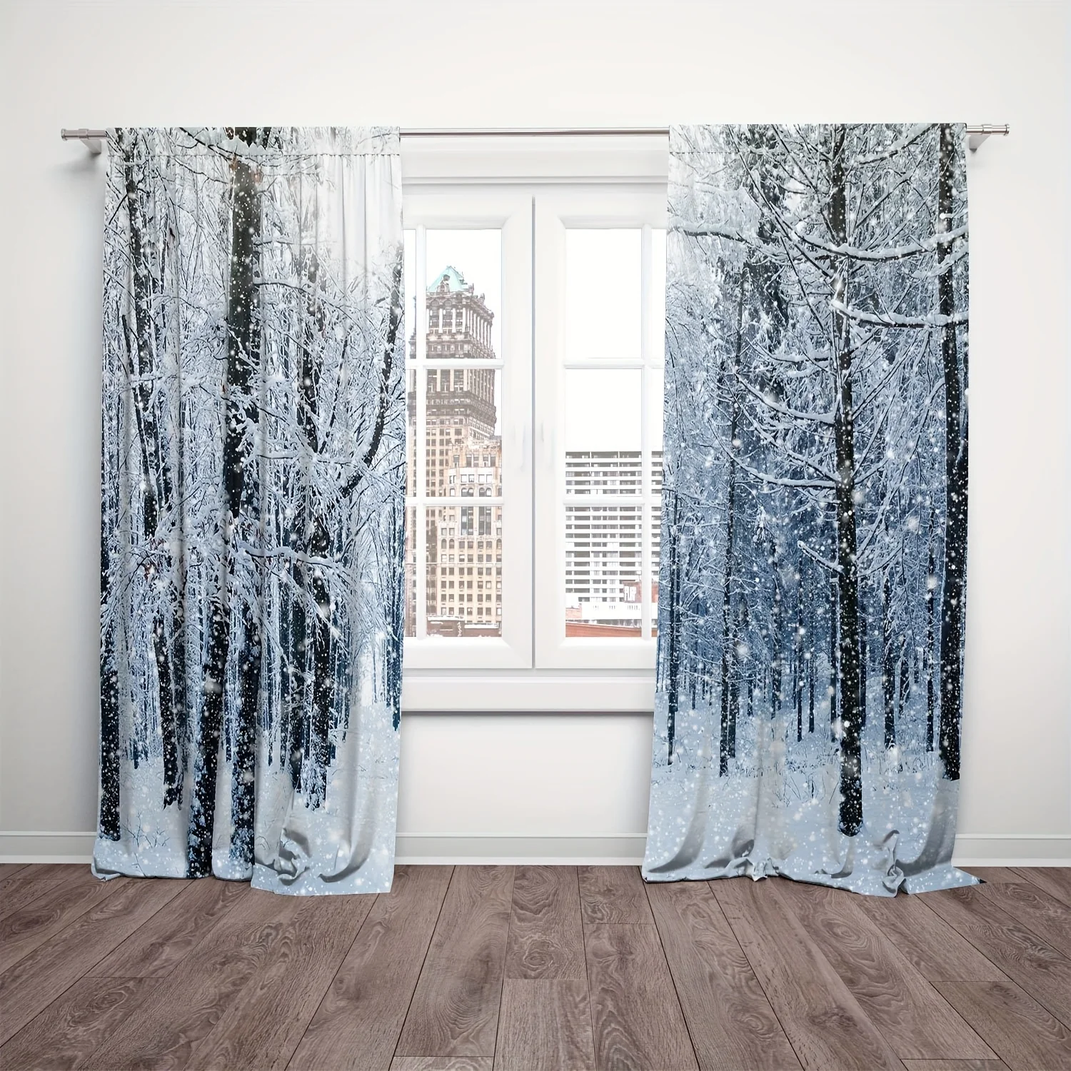 Winter Forest Scene Curtains Blue Snowfall Window Drapes for Living Room Home Decor