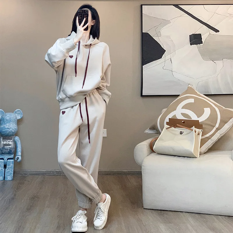 Fashion Casual Floral Hoodies Pants Two Piece Set For Women Korean Coat Trousers Suit Female Autumn Winter Tracksuit