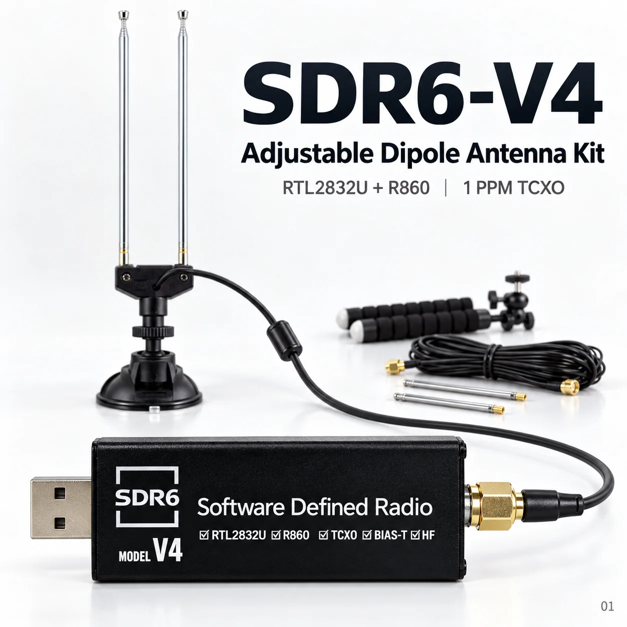 SDR Receiver Kit with Adjustable Dipole Antenna RTL2832U R860 USB Software Defined Radio 1PPM TCXO HTOOL SDR6-V4