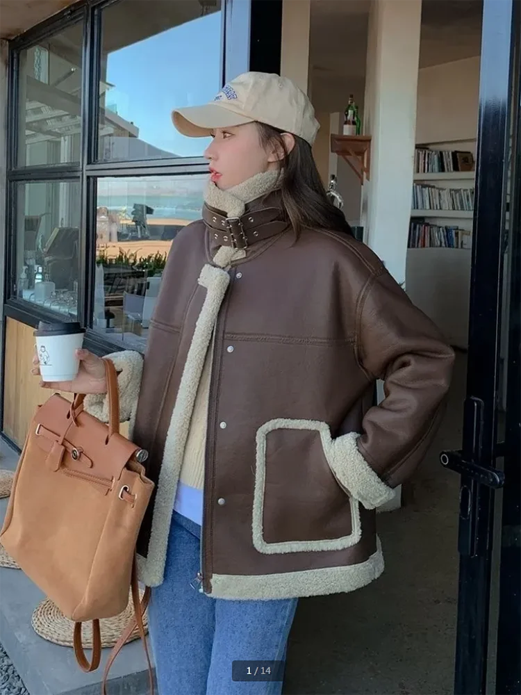 Veste Chic en laine d'agneau pour femme, vêtement d'extérieur, nouvelle mode, velours épais, fourrure chaude, une pièce, motard, veste en cuir PU, hiver 2025