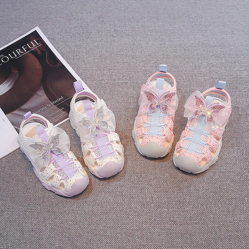 Girls Sports Sandals Sweet Butterfly Kids Casual Shoes Toes Capped Soft Sole 2026 Summer New Children Princess Shoes Non-slip