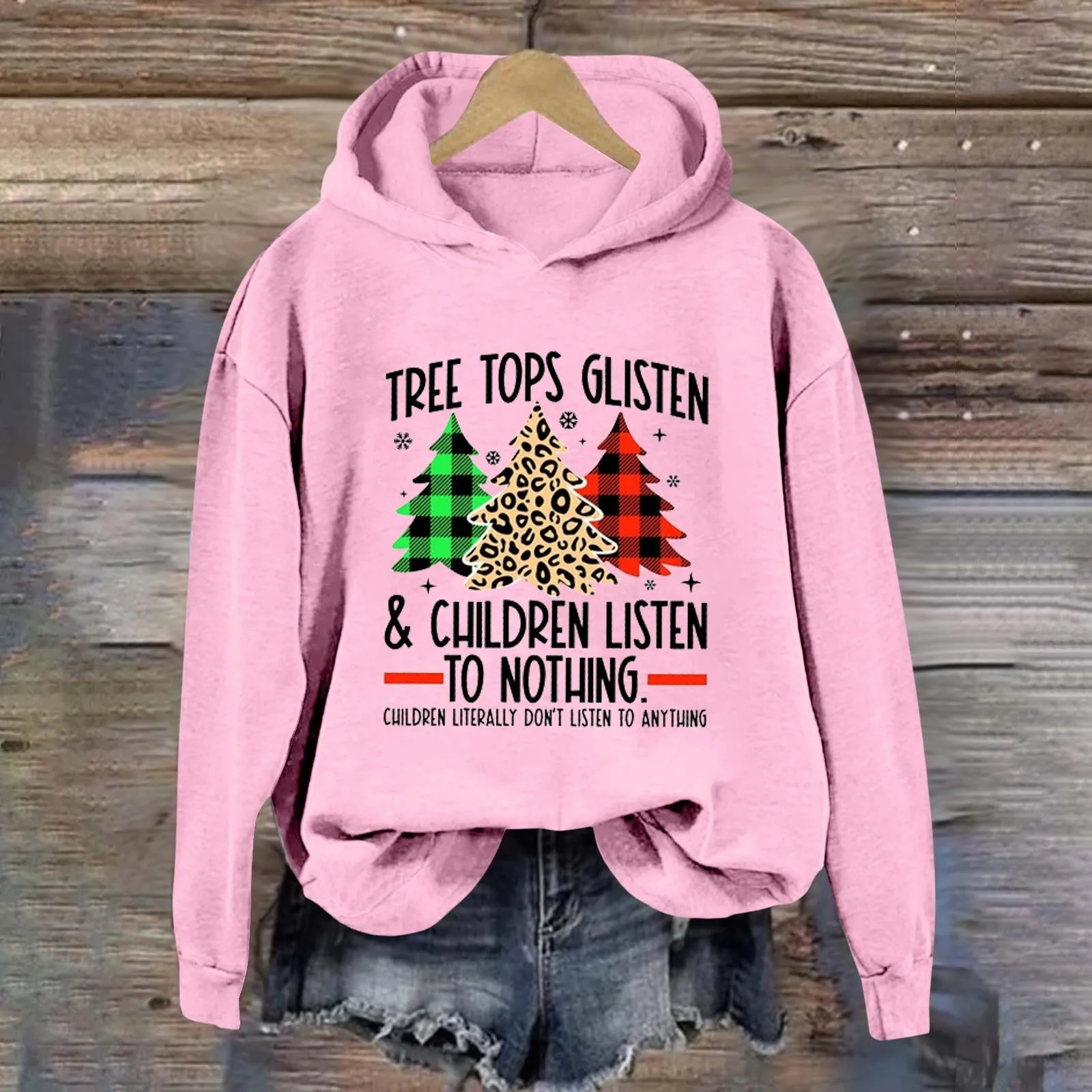 Women's Christmas Long Sleeved Letter Christmas Tree Print Pullover Sweatshirt Shirt with Hole Women plus Size Hoodies