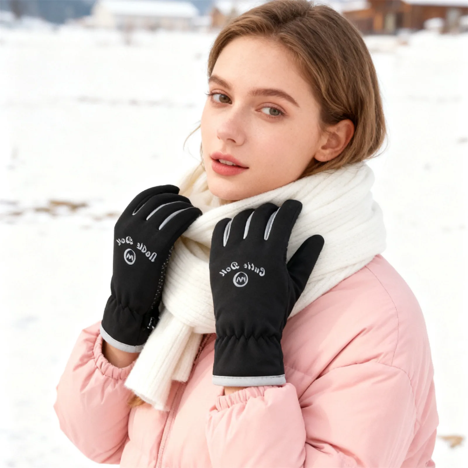 Women Winter Gloves Touchscreen Windproof Anti-Slip Water Resistant with Drawstring for Skiing Cycling Outdoor Activities