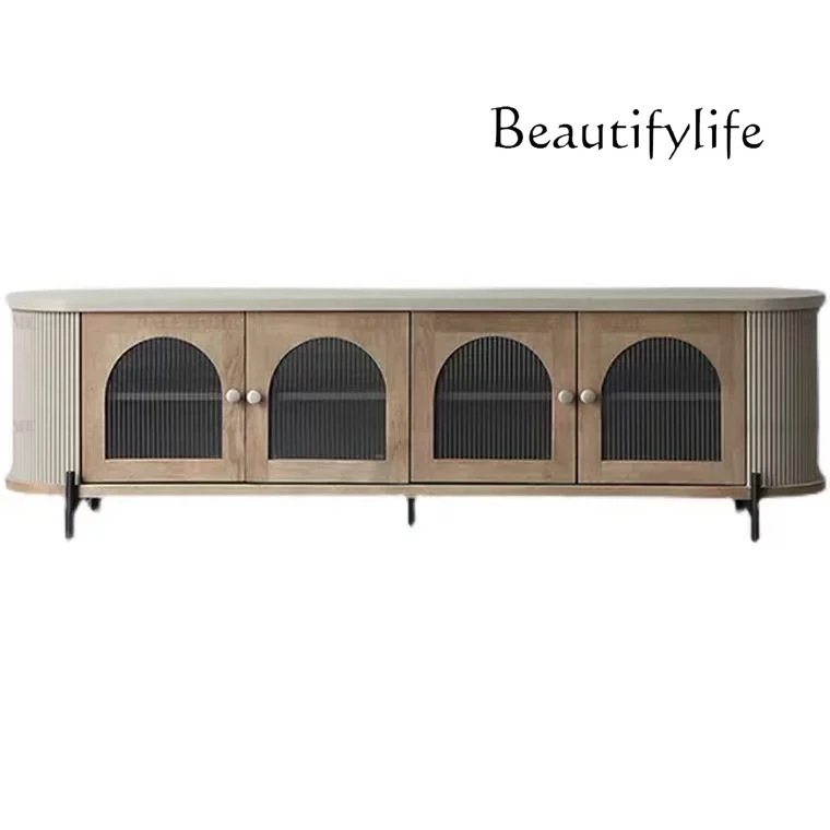 

Nordic wabi-sandy wind solid wood TV cabinet retro arched door living room video cabinet French floor cabinet