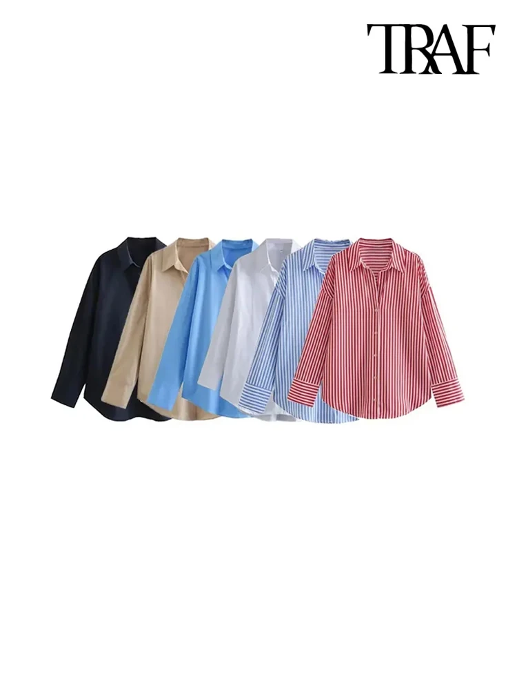 TRAF-Oversized Poplin Shirts for Women, Long Sleeve, Button-up, Loose Female Blouses, Chic Tops, Fashion