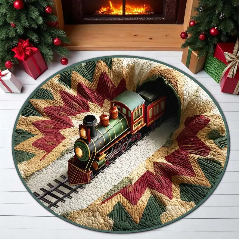 Christmas Train Round Doormat, Xmas Holiday Floor Decor, Festive Home Decor Gift for Kids and Family (2D Flat Printing)