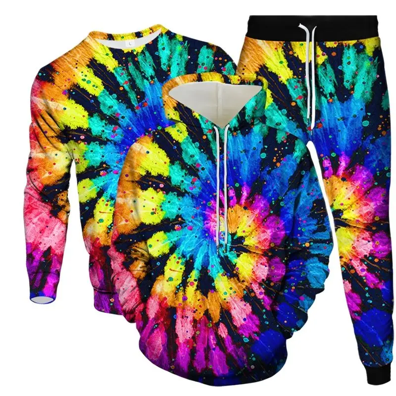 Men Large Size 3 Piece Set Hoodies Sweatshirt Jogging Pants Colorful Vortex 3D Print Male Outdoor Tracksuit Casual Clothes Suit