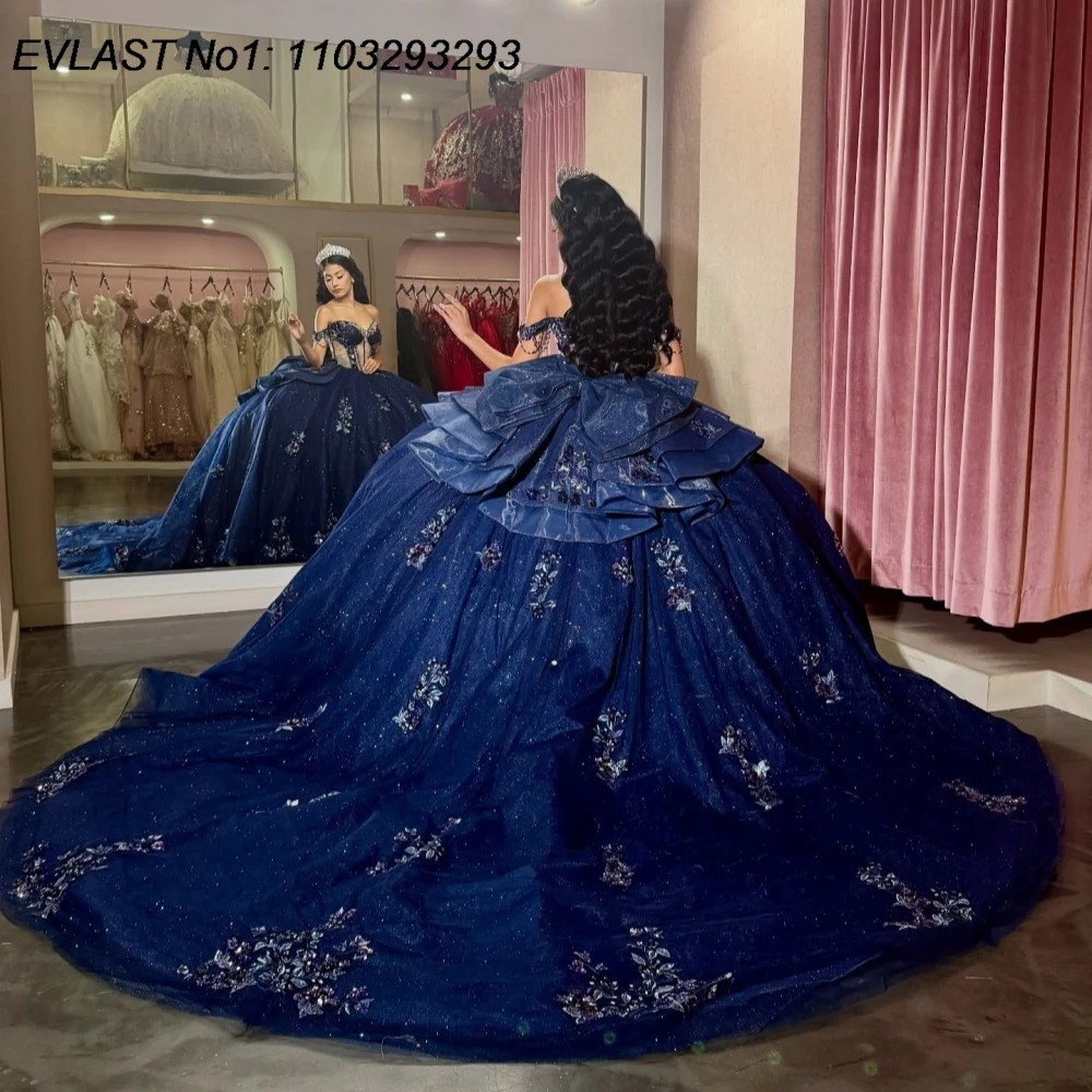 EVLAST Suknia Balowa Quinceanera 2026 w Kolorze Granatowym z Aplikacjami Brokatowymi i Koralikami, Warstwowa Sukienka Sweet 16 Vestidos De 15 Anos E1QN163