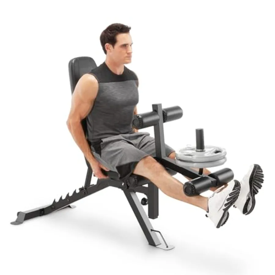 Utility bench for home gym use, steel frame, dark gray, 6-position adjustability with leg developer and high-density foam paddi