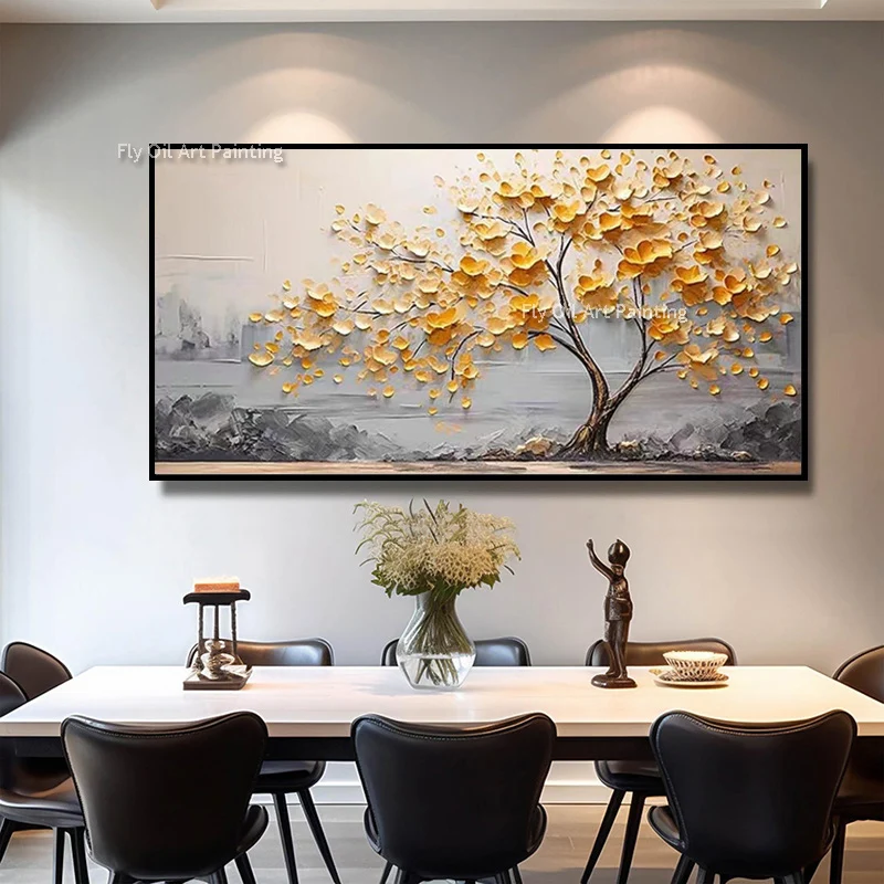 Hand Drawn Yellow White Grey Flowers Tree Landscape Canvas Thick Wall Art New Original Orange Gray Tree View Oil Painting Decor