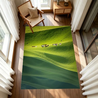 Green Rolling Hills Grassland Grazing Livestock Carpet Flooring, Natural Pasture Scenery Non-Slip Area Rug for Living Room Bedroom Home Decor