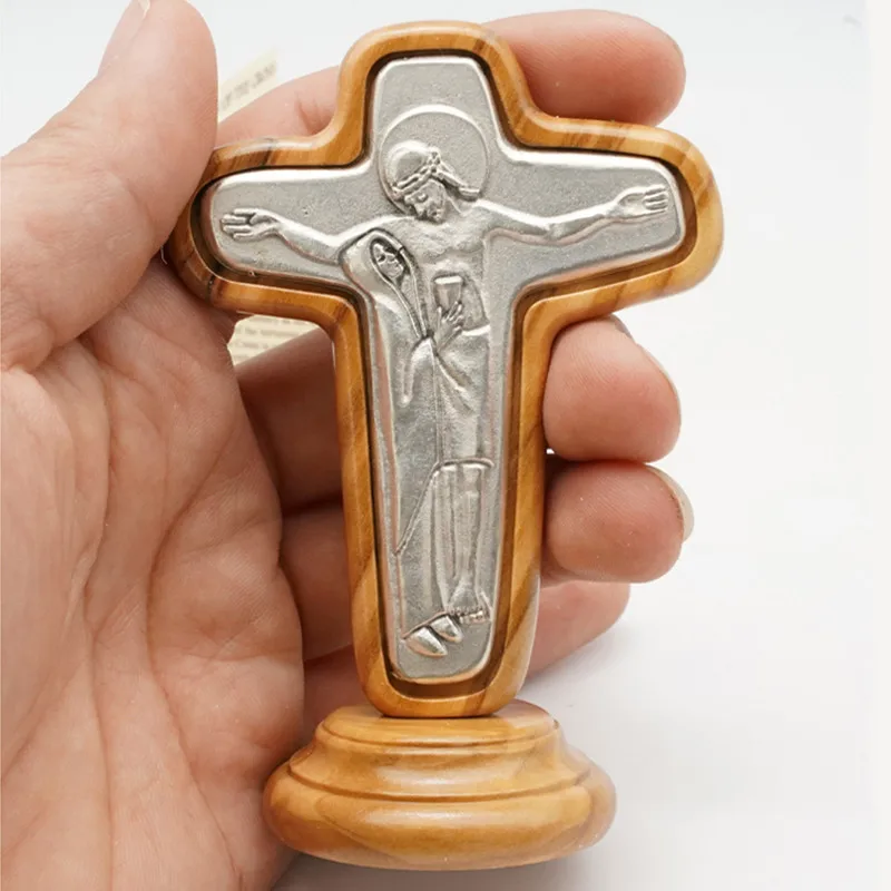 Cruz St Benedict Madeira De Oliveira Com Base Relicário Católica para Oração Liga Cruz Articulos Religiosos Jóias Home Decor 9x6.5cm